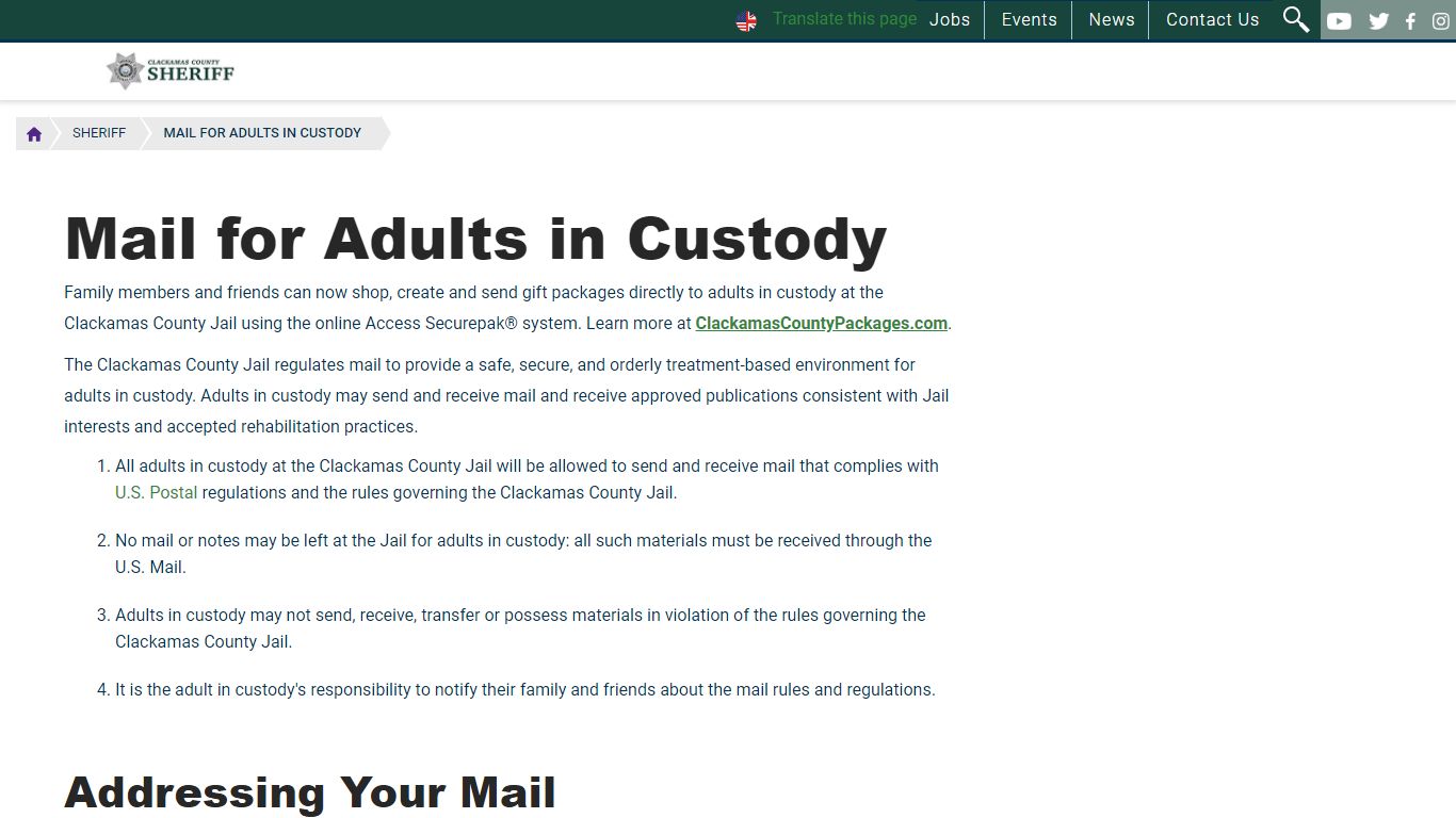 Mail for Adults in Custody | Clackamas County